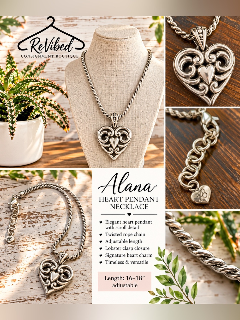 Brighton Alana Silver Heart Scroll Pendant Necklace